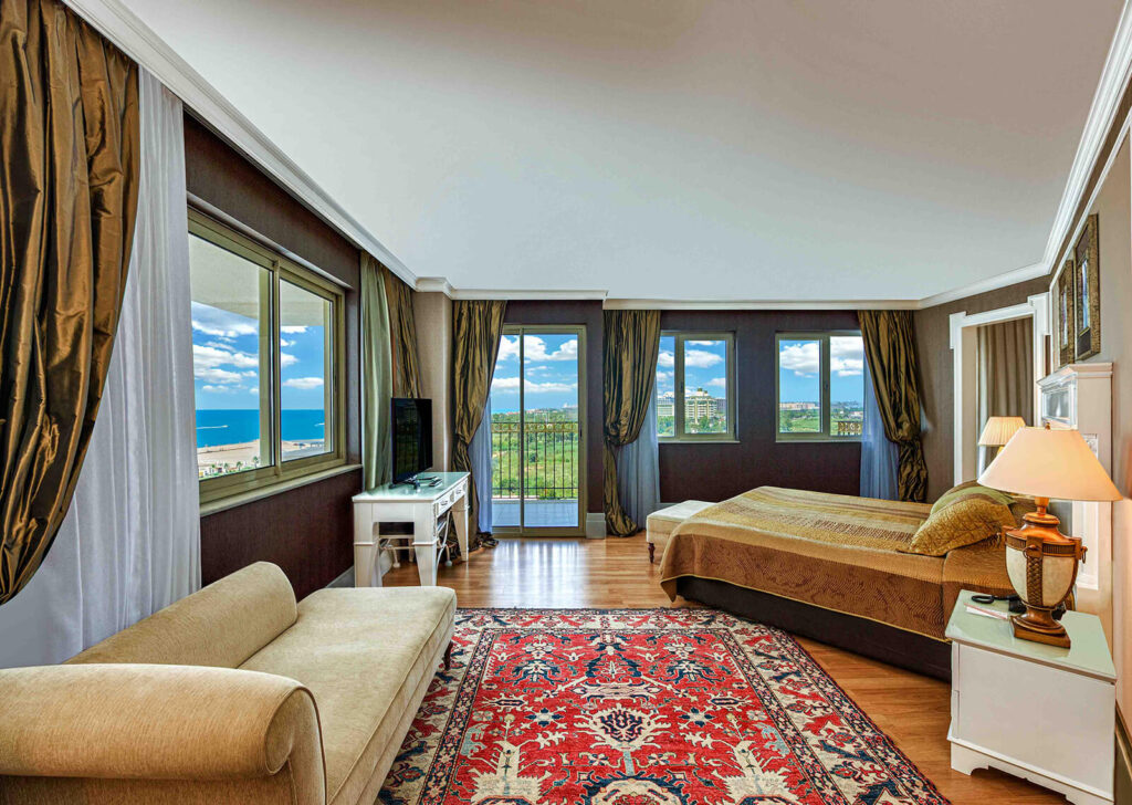 Premium Suite at Delphin Diva Hotel in Antalya with panoramic Mediterranean Sea view.