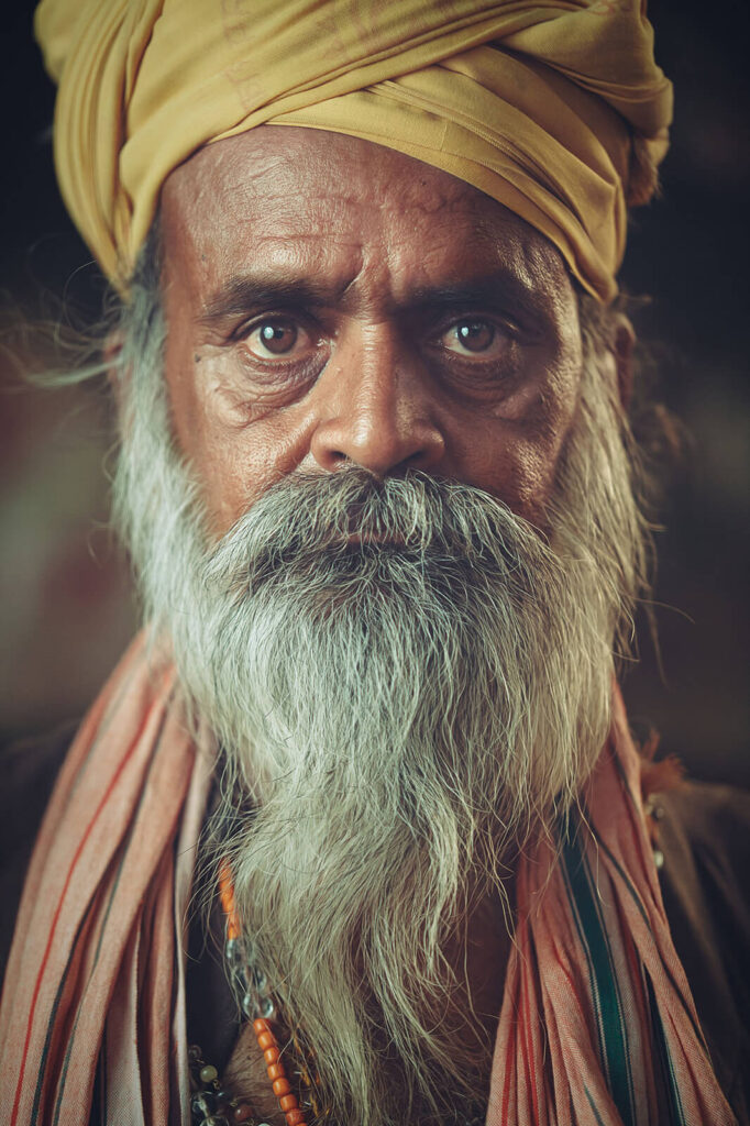 Close-up of an Indian Sadhu with a yellow turban and white beard.
